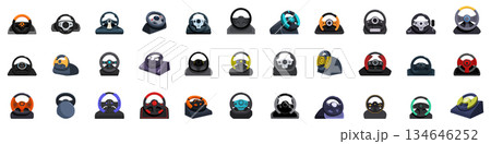 Game controller steering wheel icons set. Large set of different gaming wheels for realistic racing simulator experience 134646252