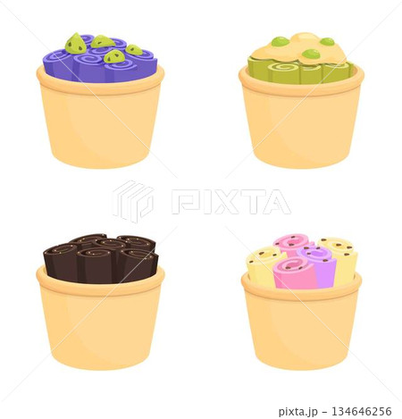 Thai icecream icons set cartoon vector. Various rolled ice cream in cup Thai icecream icons set cartoon vector. Various rolled ice cream in cup 134646256