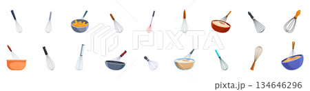 Baking whisk icons set. Collection of whisk icons, cartoon style, mixing tools for cooking and baking Baking whisk icons set. Collection of whisk icons, cartoon style, mixing tools for cooking and baking 134646296