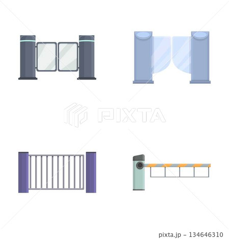 Gate icons set cartoon vector. Various type of automatic gate and turnstile 134646310