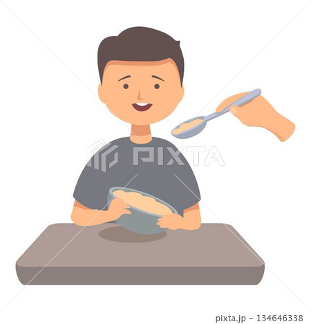 Happy boy eating porridge from bowl being fed by kindergarten teacher 134646338