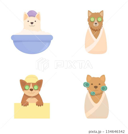 Dog care icons set cartoon vector. Cute dog enjoying salon procedure Dog care icons set cartoon vector. Cute dog enjoying salon procedure 134646342
