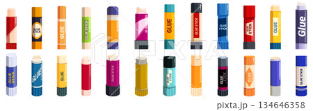 Glue stick icons set. Set of different colorful glue sticks for school or office Glue stick icons set. Set of different colorful glue sticks for school or office 134646358