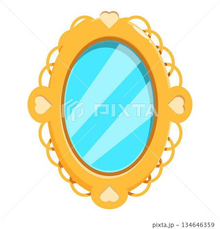 Golden oval vintage mirror reflecting light blue sky Golden oval vintage mirror reflecting light blue sky 134646359