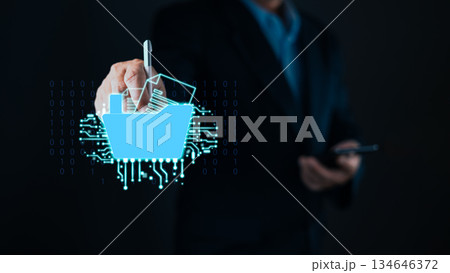 businessman uses a stylus and smartphone with a glowing digital folder interface, symbol document management, digital storage, cloud organization, electronic files, and secure data access technology. 134646372