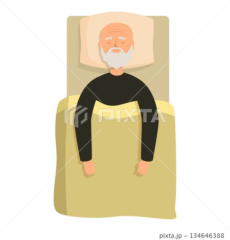Senior man sleeping peacefully in bed with yellow blanket Senior man sleeping peacefully in bed with yellow blanket 134646388