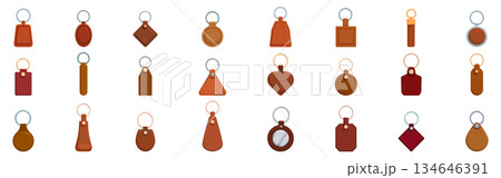 Leather keychain icons set. Leather keychain collection presenting various shapes and styles 134646391