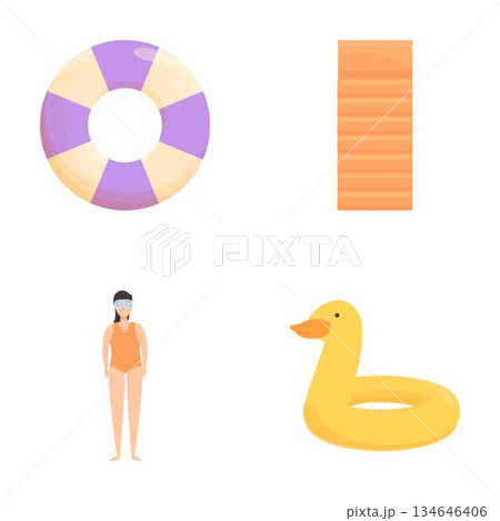 Variety of summer pool accessories and swimmer icon set 134646406