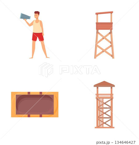 Beach lifeguard icons set cartoon vector. Lifeguard man character doing his job Beach lifeguard icons set cartoon vector. Lifeguard man character doing his job 134646427