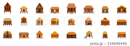 Tropical jungle house icons set. Bungalow house icons set. Cartoon set of bungalow house vector icons for web design 134646440
