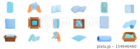 Bubble wrap package icons set. Warehouse worker packing fragile goods using bubble wrap for safe shipping 134646460