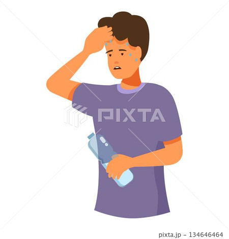 Young man feeling hot holding water bottle experiencing heat stroke Young man feeling hot holding water bottle experiencing heat stroke 134646464