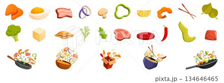 Flying asian food icon set. Wok ingredients floating and stir frying in pan and bowl 134646465