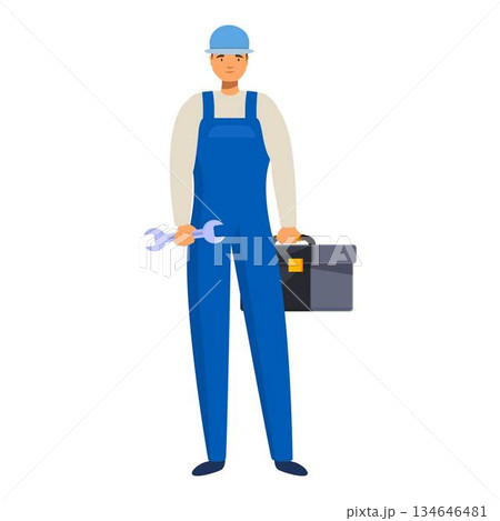 Confident repairman holding wrench and tool box wearing blue overalls 134646481
