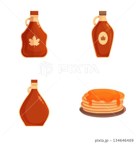 Maple syrup bottles and pancakes illustration set 134646489