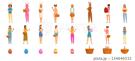 Girl holding Easter eggs icons set. People celebrating easter sunday with painted eggs and baskets icons set 134646532