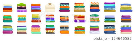 Folded clothes stack icons set. Laundry worker folding clean clothes and towels in piles Folded clothes stack icons set. Laundry worker folding clean clothes and towels in piles 134646583