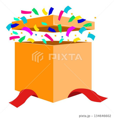 Orange gift box opening with colorful confetti exploding out 134646602
