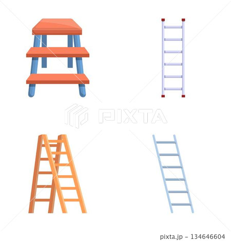 Stepladder icons set cartoon vector. Various type of metal and wooden ladder 134646604