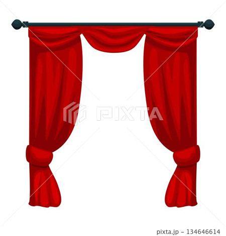 Elegant red curtains hanging on a metal rod, creating a luxurious ambiance 134646614
