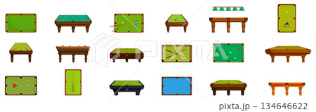 Snooker table icons set. Big set of billiard or snooker tables with green cloth in different positions showing top view and side view 134646622