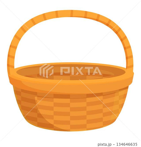 Empty wicker basket standing with handle up for storage 134646635