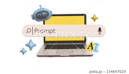 Trendy Halftone Collage Artificial intelligence and digital searching isolated concept. Laptop with search bar and prompt. AI powered search engine. Generate content. Mixed media vintage vector art. 134647029