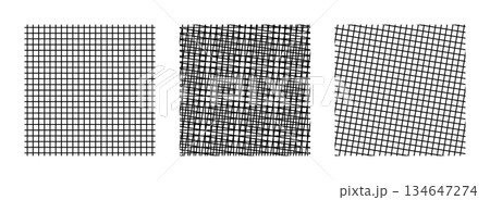 Moire pattern created by superimposing two grids. Grid with vertical and horizontal lines on the left, rotated 9 degrees on the right, both grids put together in the center, creating a Moire pattern. 134647274