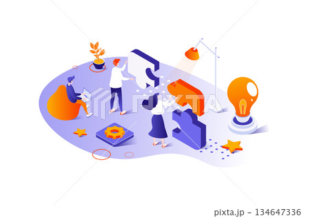 Teamwork 3d isometric concept with isometry people design for web. Businessman and businesswoman working together at meeting, creating union partnership with synergy and support. Vector illustration. Teamwork 3d isometric concept with isometry people design for web. Businessman and businesswoman working together at meeting, creating union partnership with synergy and support. Vector illustration. 134647336