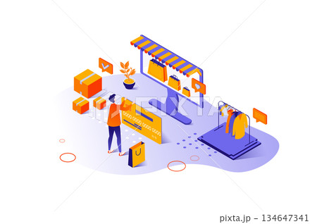 Shopping 3d isometric concept with isometry people design for web. Man buying fashion clothes in internet store, making online payment with credit card, ordering delivery service. Vector illustration. 134647341