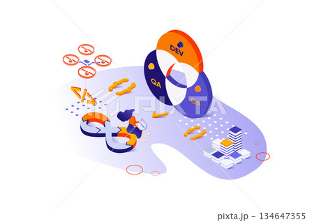 DevOps 3d isometric concept with isometry people design for web. Development and software specialists working in team, using automation agile cycles software construction. Vector illustration. 134647355