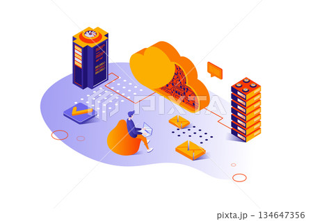 Data center 3d isometric concept with isometry people design for web. Man using database and cloud storage, processing datum and making backup. Technician maintenancing server. Vector illustration. 134647356