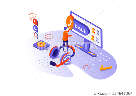 Call center 3d isometric concept with isometry people design for web. Hotline operators in office. Operator answering calling and client messages, assistance and technical help. Vector illustration. Call center 3d isometric concept with isometry people design for web. Hotline operators in office. Operator answering calling and client messages, assistance and technical help. Vector illustration. 134647364