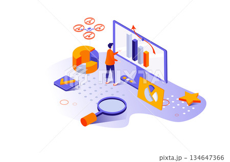 Big data analysis 3d isometric concept with isometry people design for web. Analyst working with business statistics, doing market research with graphs, monitoring statistics. Vector illustration. 134647366