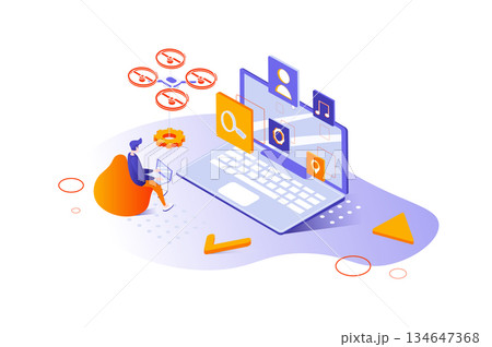 App development 3d isometric concept with isometry people design for web. Developer creating programs and softwares, programming mobile and computer applications at laptop. Vector illustration. App development 3d isometric concept with isometry people design for web. Developer creating programs and softwares, programming mobile and computer applications at laptop. Vector illustration. 134647368