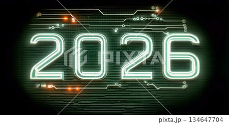 2026年のテクノロジー背景｜発光する数字と回路基板のイメージ 134647704
