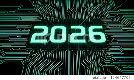 2026年のテクノロジー背景|発光する数字と回路基板のイメージ 2026年のテクノロジー背景|発光する数字と回路基板のイメージ 134647705