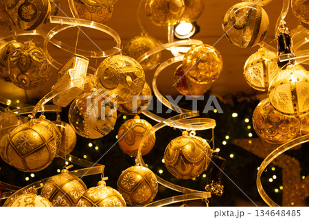 Lovely Christmas Card with Lots of Yellow Christmas Tree Balls. 134648485