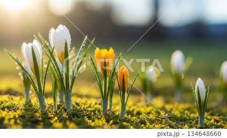 Spring yellow crocuses blooming in green grass. Early spring nature awakening concept. 134648660