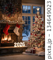Cozy holiday scene featuring a Christmas tree, fireplace, and festive decorations in a warm living room during winter 134649023