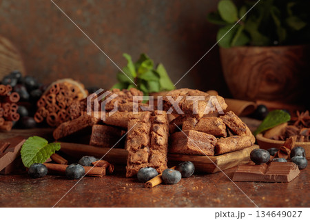 Brownie with blueberries and mint. Brownie with blueberries and mint. 134649027