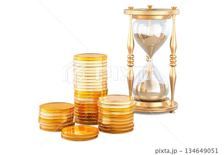 Gold coins with hourglass. 3D rendering 134649051