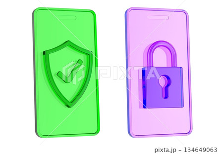 Mobile security icons, smartphone with shield check and padlock. 3D rendering Mobile security icons, smartphone with shield check and padlock. 3D rendering 134649063