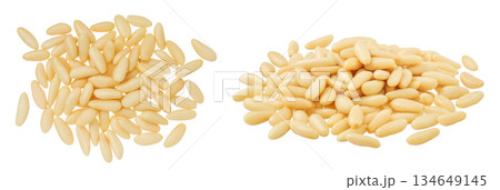 Shelled European pine nuts isolated on white background with full depth of field. Top view. Flat lay 134649145