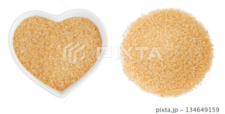 The brown sugar in ceramic bowl isolated on white background. Top view. Flat lay The brown sugar in ceramic bowl isolated on white background. Top view. Flat lay 134649159