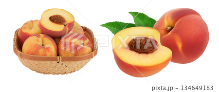 Ripe peach fruit with half in a wicker basket isolated on white background with full depth of field Ripe peach fruit with half in a wicker basket isolated on white background with full depth of field 134649183