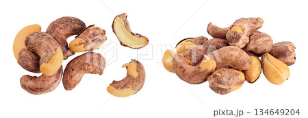 cashew nuts heap with shell isolated on white background. Top view. Flat lay 134649204