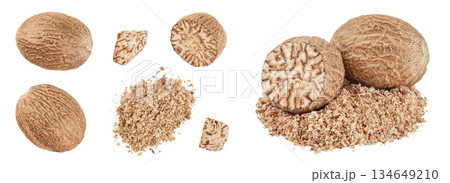 Whole and grated nutmeg isolated on white background with full depth of field. Top view. Flat lay 134649210