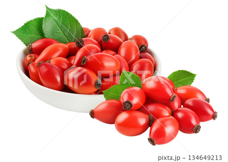 Rose hip in ceramic bowl isolated on a white background with full depth of field. Top view. Flat lay. 134649213