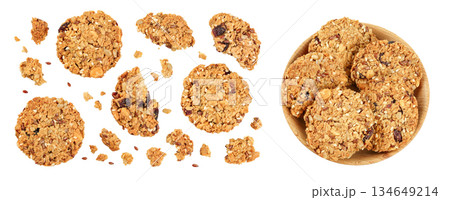 Granola cookie isolated on white background with full depth of field. Top view. Flat lay. Granola cookie isolated on white background with full depth of field. Top view. Flat lay. 134649214